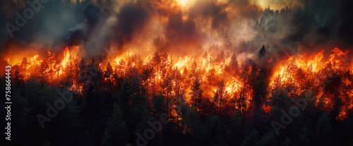 danger forest fire in a pine forest at night. Aerial top view
