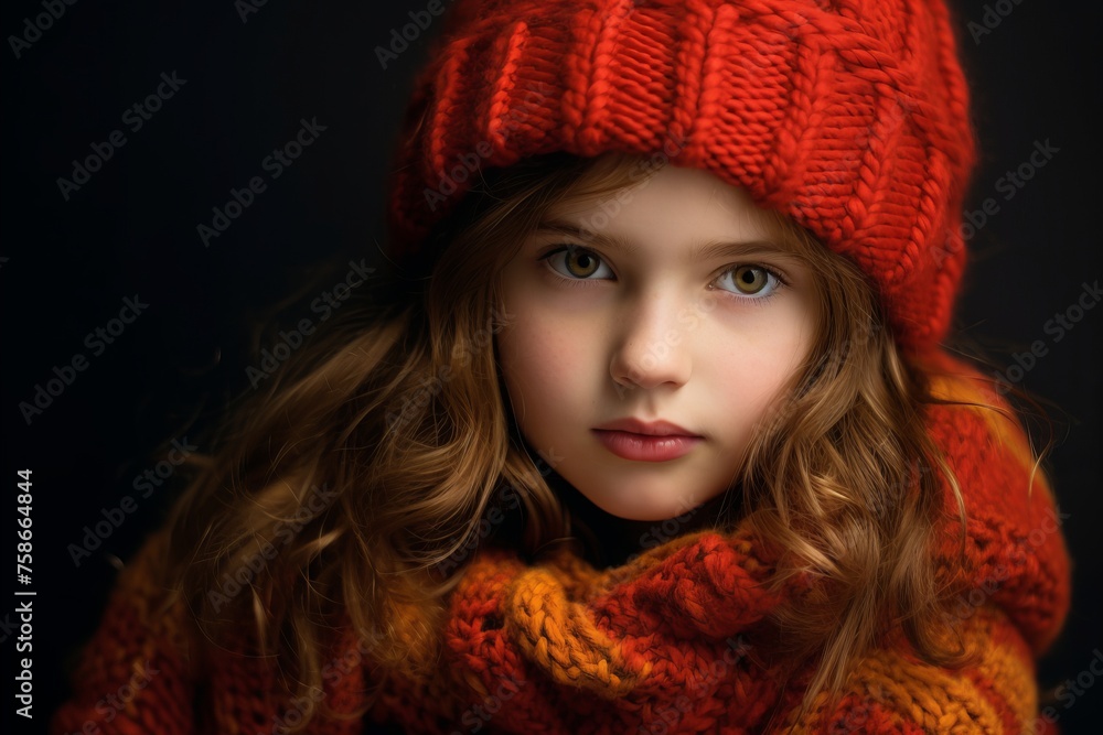 Portrait of a beautiful little girl in a red hat and scarf. Portrait of a beautiful little girl in a red hat and scarf.