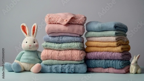 Pastel-colored knitted toys neatly arranged on soft piles of fabric hint at coziness and nostalgia © ArtistiKa