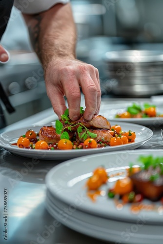 Close-up of chef's hands decorating a dish with seasonings and toppings in a restaurant kitchen. Chef adding finishing touch on his dish before it goes on the table. Author's cuisine concept.