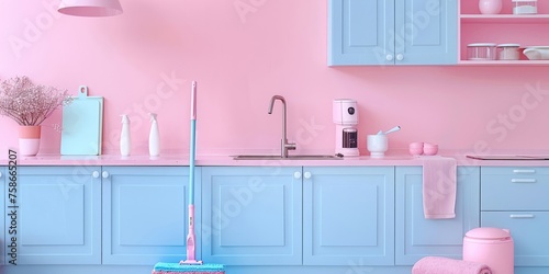 Minimalist kitchen design in pastel pink tones evokes modern simplicity and style © nur