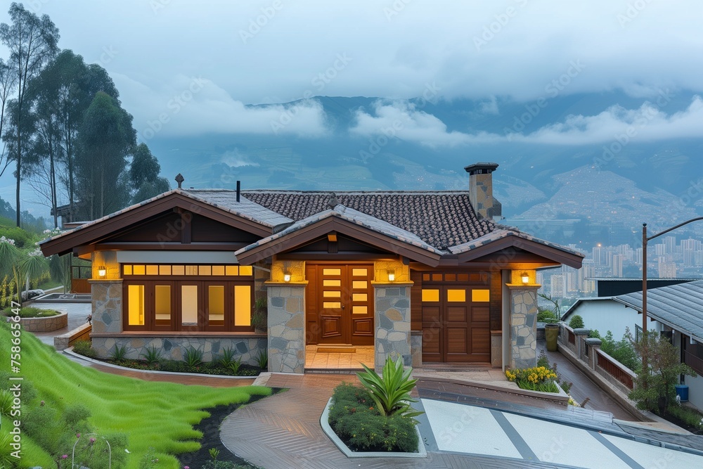 A Quito mountainous landscape adorns the exterior of a craftsman-style house