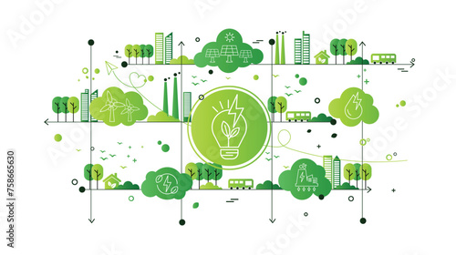 Renewable, green energy and save energy web banner. Ecology, Sustainable clean industrial factory, renewable energy sources and green electricity concept icons. Environment doodle flate design vector