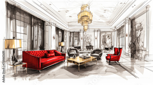 MLuxurious Room with Golden Furnishings and Red funiture, Enhanced by Black and White Sketch and One-Line Drawing