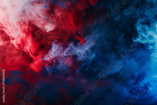AI Generated Image. Abstract red and blue fluffy ink smoke cloud in a water
