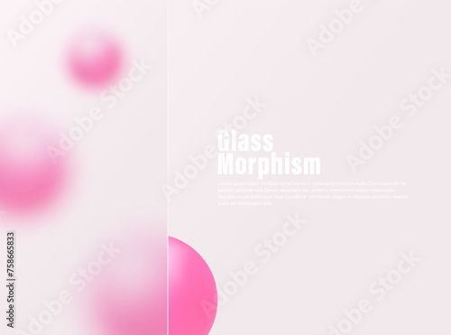Glass morphism landing page. Transparent rectangular template with pink spheres.