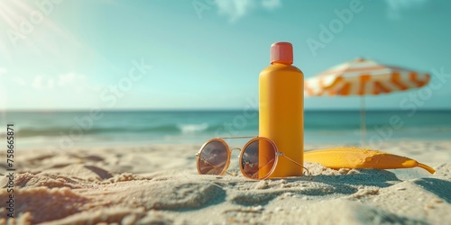 Sunscreen and sunglasses stage a perfect summer beach setting for holiday ads