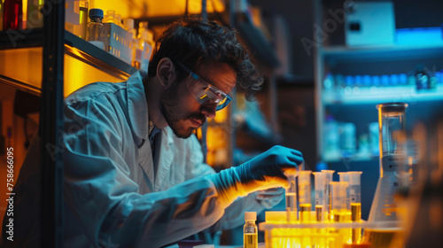 Focused male scientist examining test tubes in a dimly lit laboratory setting, surrounded by scientific equipment.