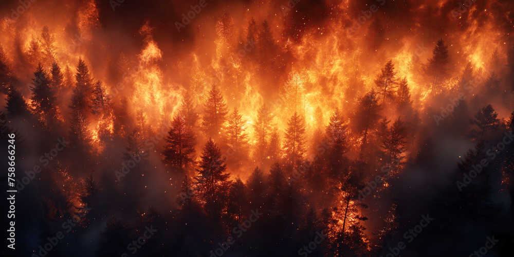 forest fire in pine forest at night. Natural disaster in summer. View top from above drone