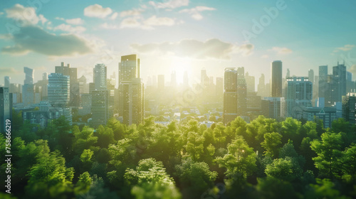 Urban skyline with towering skyscrapers bathed in the warm glow of sunrise  with lush greenery in the foreground under a clear  gradient sky.