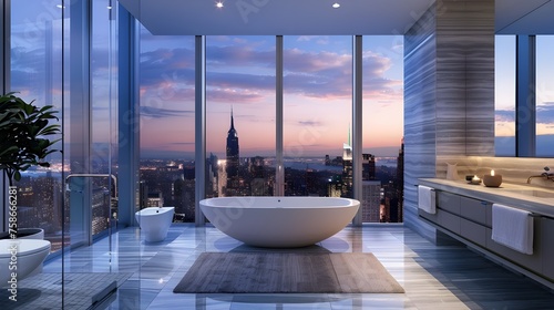 Urban Luxury Penthouse Bathroom with Stunning City View at Dusk