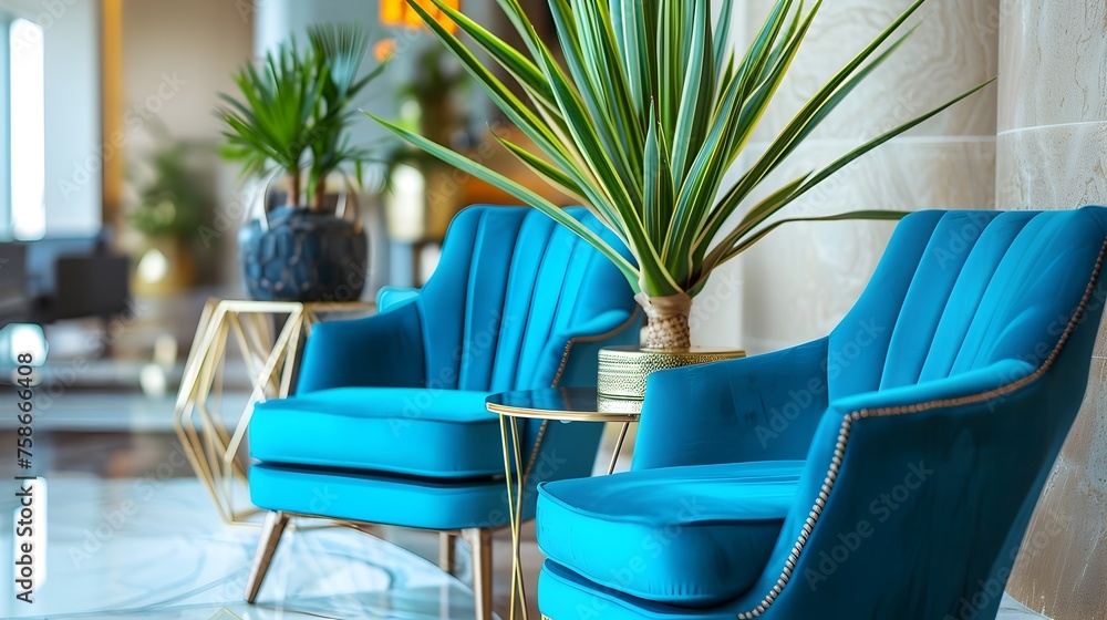 Turquoise Velvet Chairs with Gold Accents in a Modern Hotel Lobby - Luxurious and Inviting