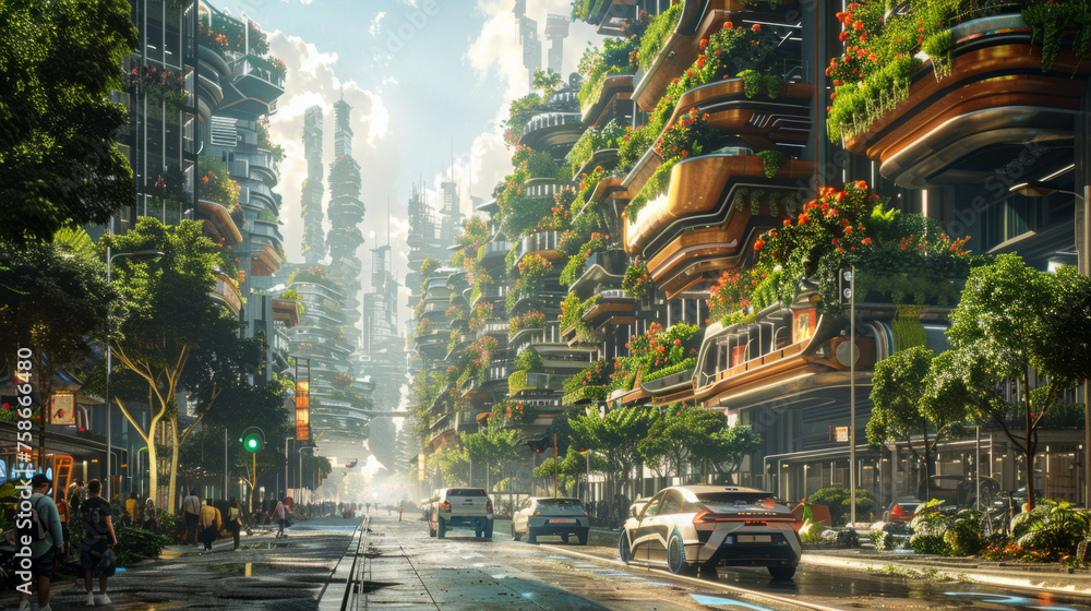 Naklejka premium A bustling futuristic city street surrounded by tall, eco-friendly buildings adorned with lush greenery under a clear blue sky