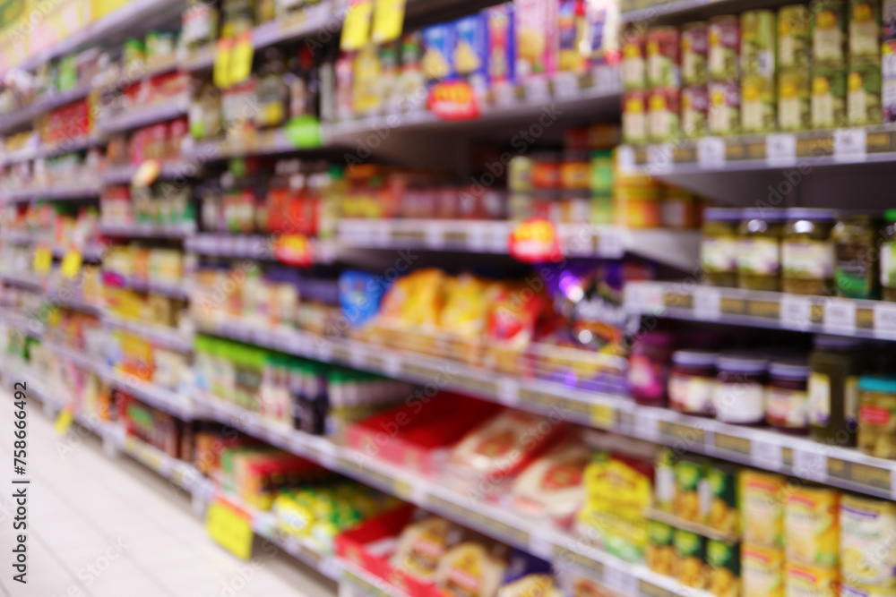 Out of focus image of grocery shelf in a retail store