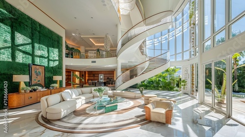 Ultraluxury Miami Mansion Living Room with Spiral Staircase and Tropical Gardens View photo