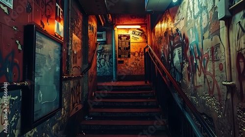 Underground Club Staircase Adorned with Graffiti and Music Posters in Dim Light
