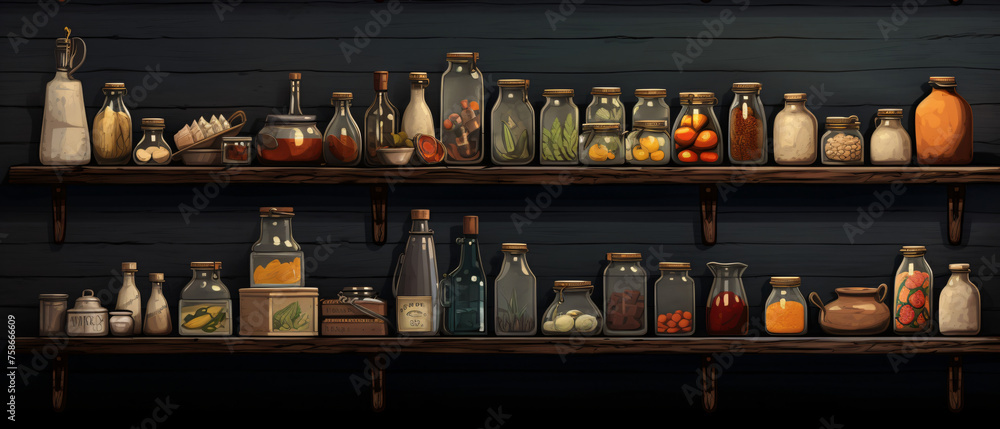 A couple of shelves filled with different types of food