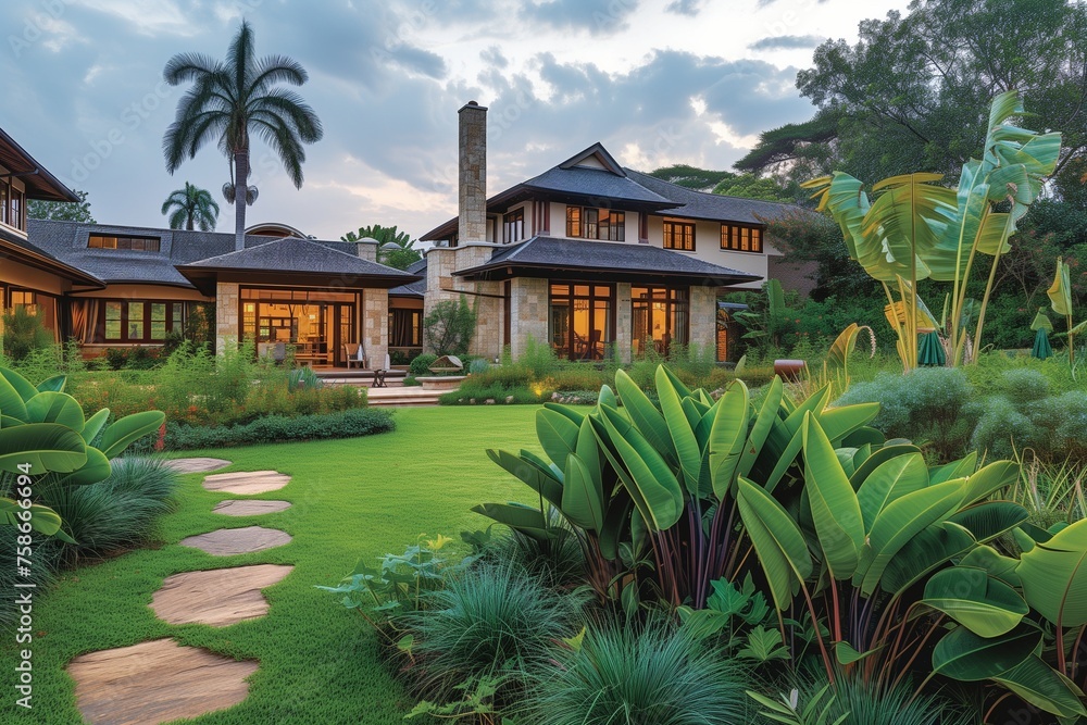 A brazillian Fado music garden adorns a craftsman-style dwelling