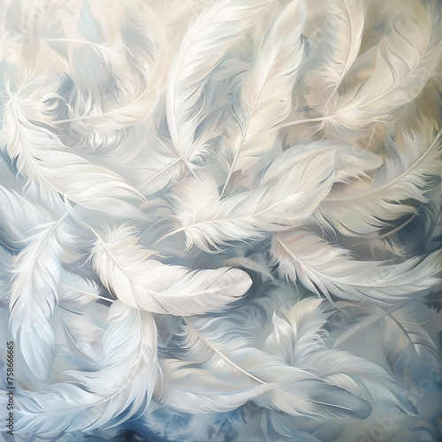 close-up illustration of many feathers in white and blue tones, fluff, background © Svetlana