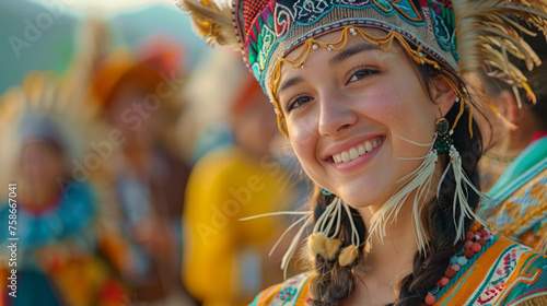 Portrait of a smiling young woman dressed in traditional Native American regalia, featuring colorful beadwork and feathered headdress, with blurred festival attendees in the background.