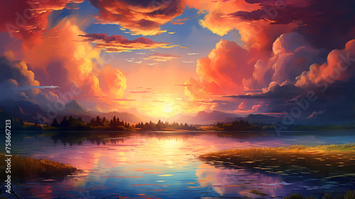 Digital artwork landscape oil painting of nature color