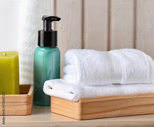 Close-up shot of bath accessories and personal care products arranged indoors.