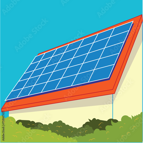 Solar panels on the roof of a beautiful house, vector illustration