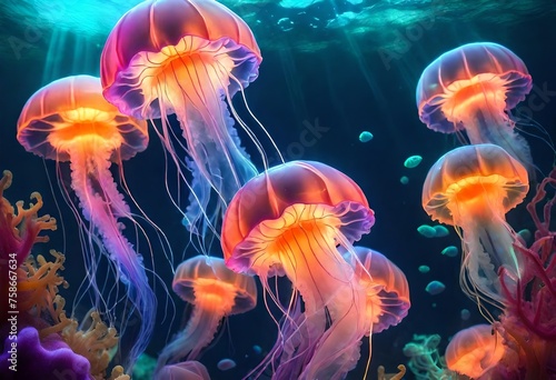 Glowing vivid transparent underwater jellyfishes