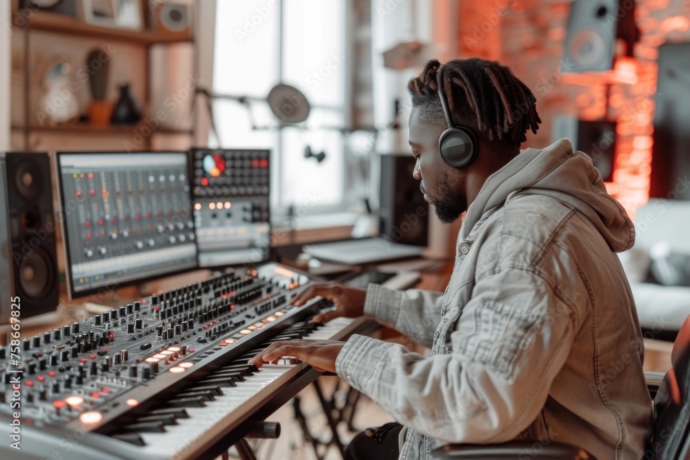 A man in a recording studio wears headphones while playing a keyboard - obrazy, fototapety, plakaty 