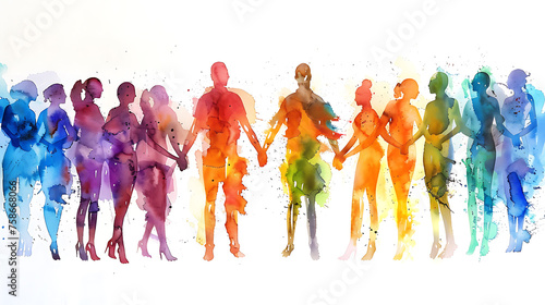 Illustration in watercolor style depicting diverse individuals holding hands, promoting inclusive business values of dignity and respect for all.