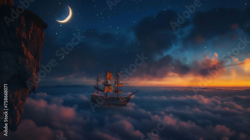 Old sailing ship stuck on the edge of rock cliff in the night with crescent moon and sea of clouds