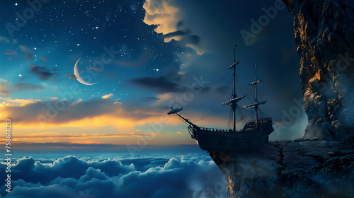 Old sailing ship stuck on the edge of rock cliff in the night with stars, crescent moon and sea of clouds