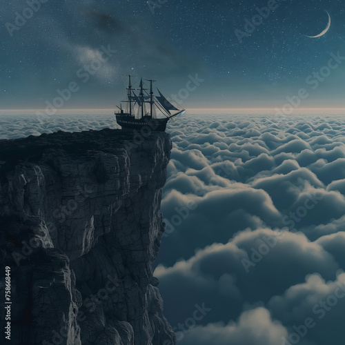 sailing ship stuck on the edge of rock cliff in blue midnight with crescent moon and sea of clouds