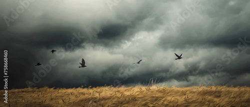 A flock of birds flying over a dry grass field under a photo