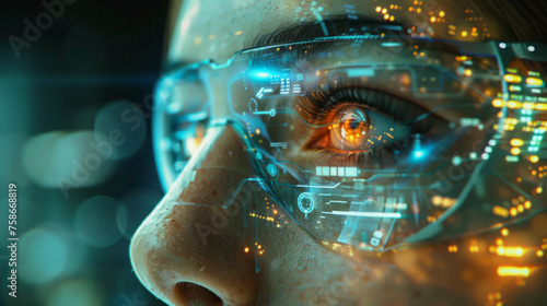 Close-up image of a person with a futuristic augmented reality display overlaying their vision, highlighting advanced technology interface with glowing digital elements focused on the eye.