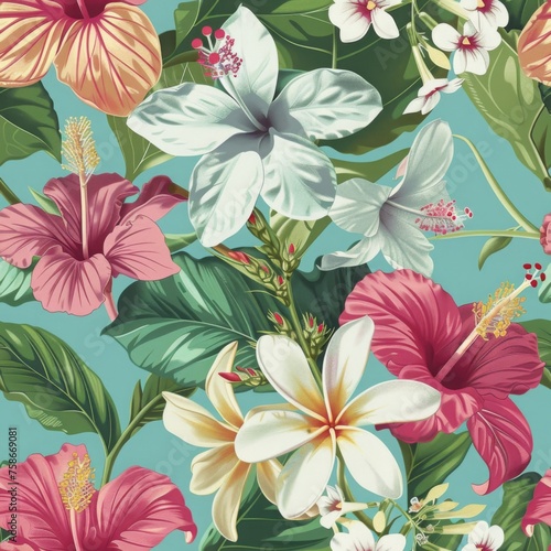 Seamless Pattern of Exotic Flowers and Tropical Blossoms on Aquamarine Background  Ideal for Fabric Prints  Wallpaper  and Tropical Themed Designs