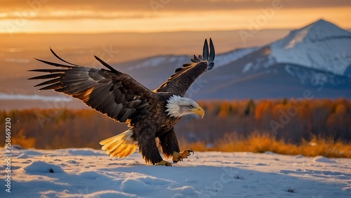 Bald Eagle in flight over the lake. Winter landscape with snow and mountains
