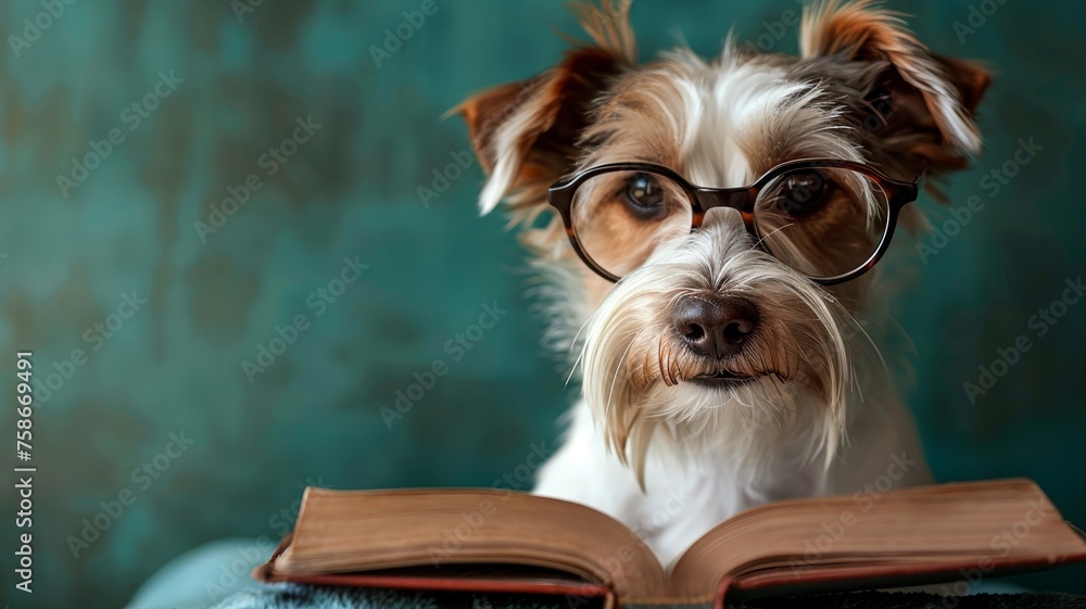 Intelligent dog with glasses seemingly contemplating literary works - obrazy, fototapety, plakaty 