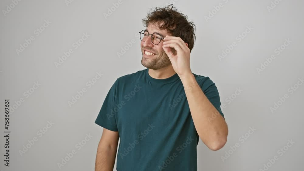 Confident young hispanic man, relaxed and laughing, standing to the side, looking away with a natural expression. sporting glasses and a beaming smile over an isolated white background Confident young hispanic man, relaxed and laughing, standing to the side, looking away with a natural expression. sporting glasses and a beaming smile over an isolated white background