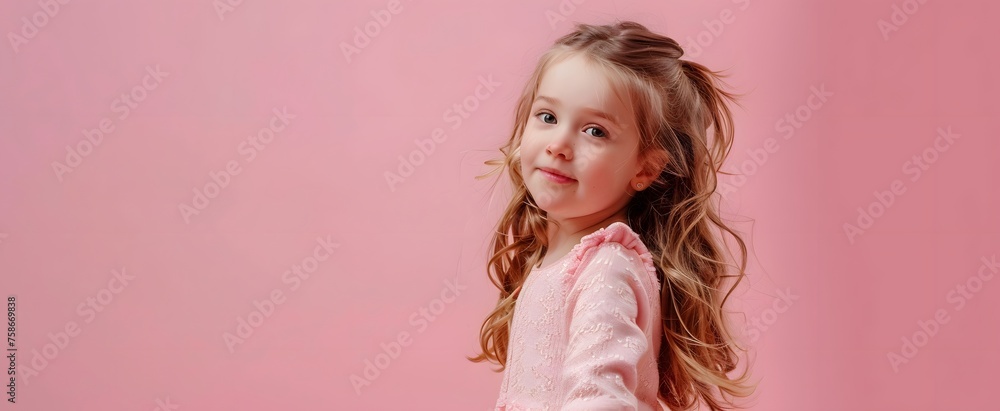 Half body portrait of a cute sweet little girl with brown, blonde hair isolated on pink background looking at the camera. Copy space. Half body portrait of a cute sweet little girl with brown, blonde hair isolated on pink background looking at the camera. Copy space.