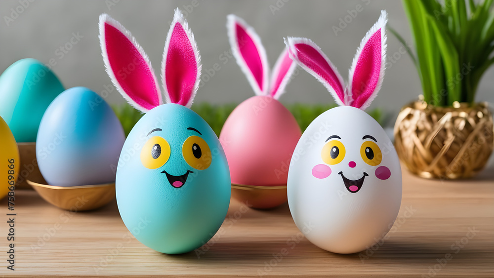 Easter egg character decorations with happy smiling and cute facial expressions. eggs with faces. copy space. Happy Easter banner Easter egg character decorations with happy smiling and cute facial expressions. eggs with faces. copy space. Happy Easter banner