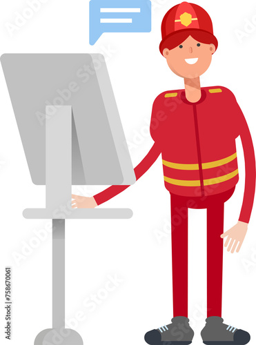 Firefighter Character Working on Computer 
