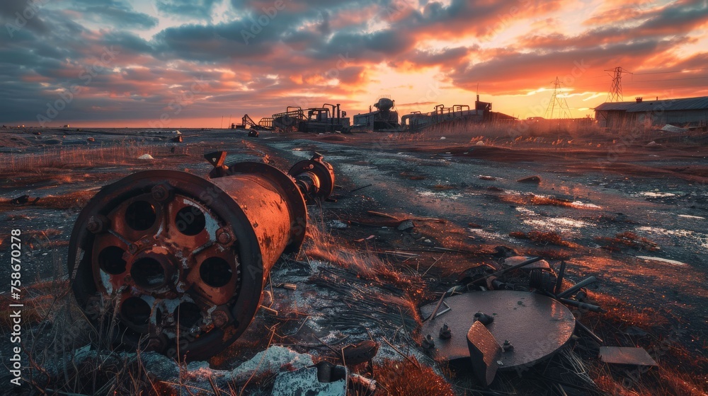 Barren wasteland rusted machinery scattered dull red sunset - obrazy, fototapety, plakaty 