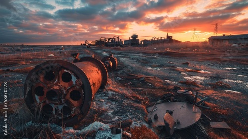 Barren wasteland rusted machinery scattered dull red sunset