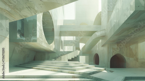 Abstract architectural interior with a futuristic design, featuring concrete pillars, arched doorways, and staircases bathed in natural light filtering through geometric windows.