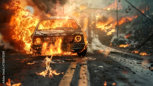 burn car on street by accident video stock looping 
 seamless background photo