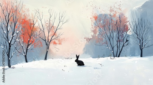 minimalist winter landscape painting, colorful, small rabbit photo