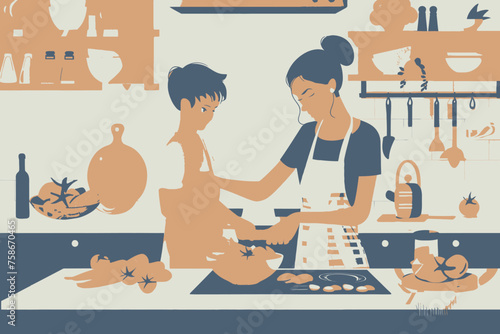 mother and child baking vector