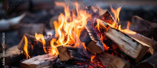 Close shot of flames engulfing firewood photo