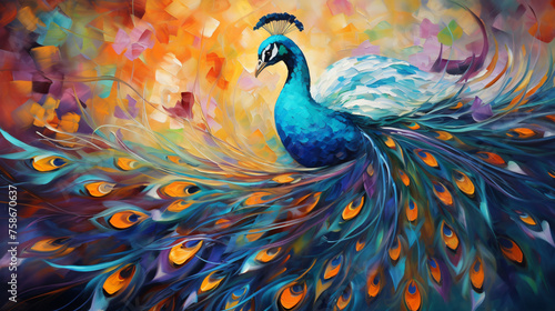 Fluorite oil painting. Conceptual abstract picture of peacock